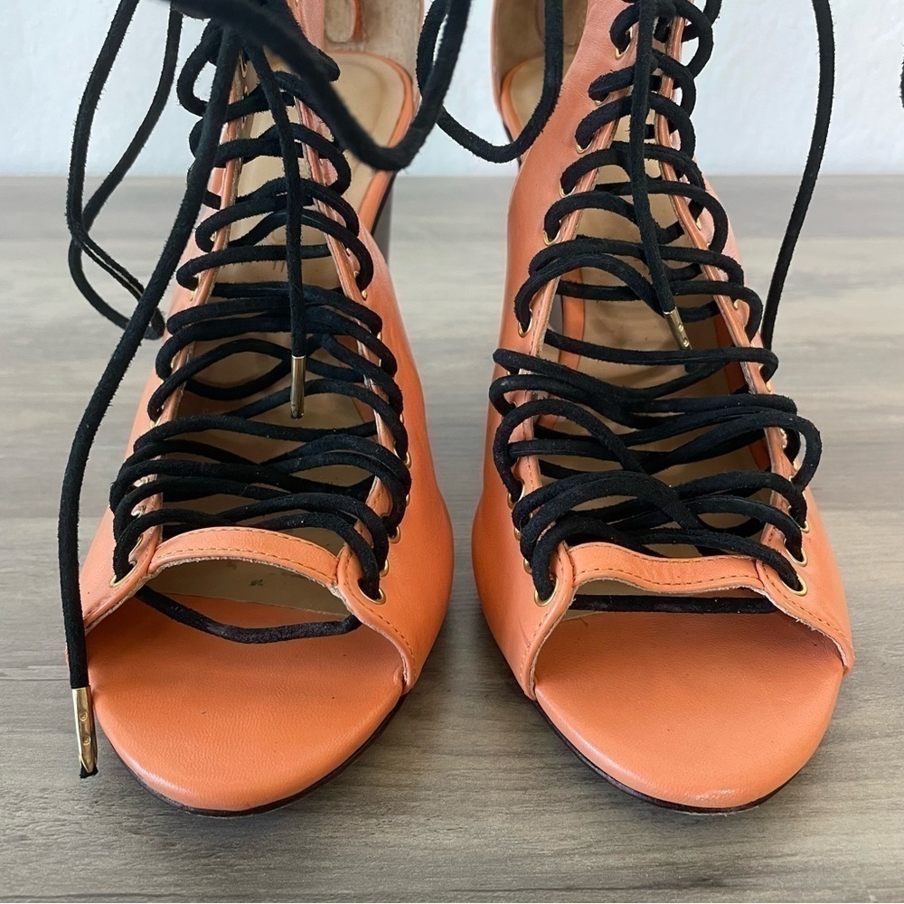 Rebecca Minkoff Peach Leather Cutout Lace Up Wedge Heels - Picture 3 of 12